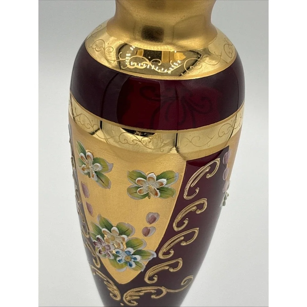 Seyei Japan Ruby Red Cranberry Glass Vase - 24K Gold Gilt & Enamel Flowers